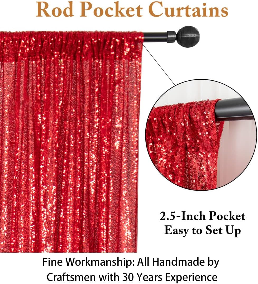 ShinyBeauty Red Sequin-Backdrop-Curtain 2Panels 5FTx10FT Glitter Wedding Photography Background Shimmer Curtains Payette Sequin Backdrops Red Sequins Fabric Backgrounds