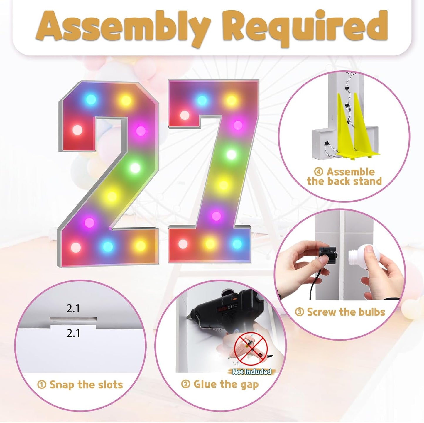 Marquee Numbers 27th-Birthday Decoration: Colorful 4FT Large Light Up 27 Year Old Birthday Decorations Anniversary Backdrop for Boys Girls Cardboard Sign 18 Colors Number 27 Mosaic Balloon Frame