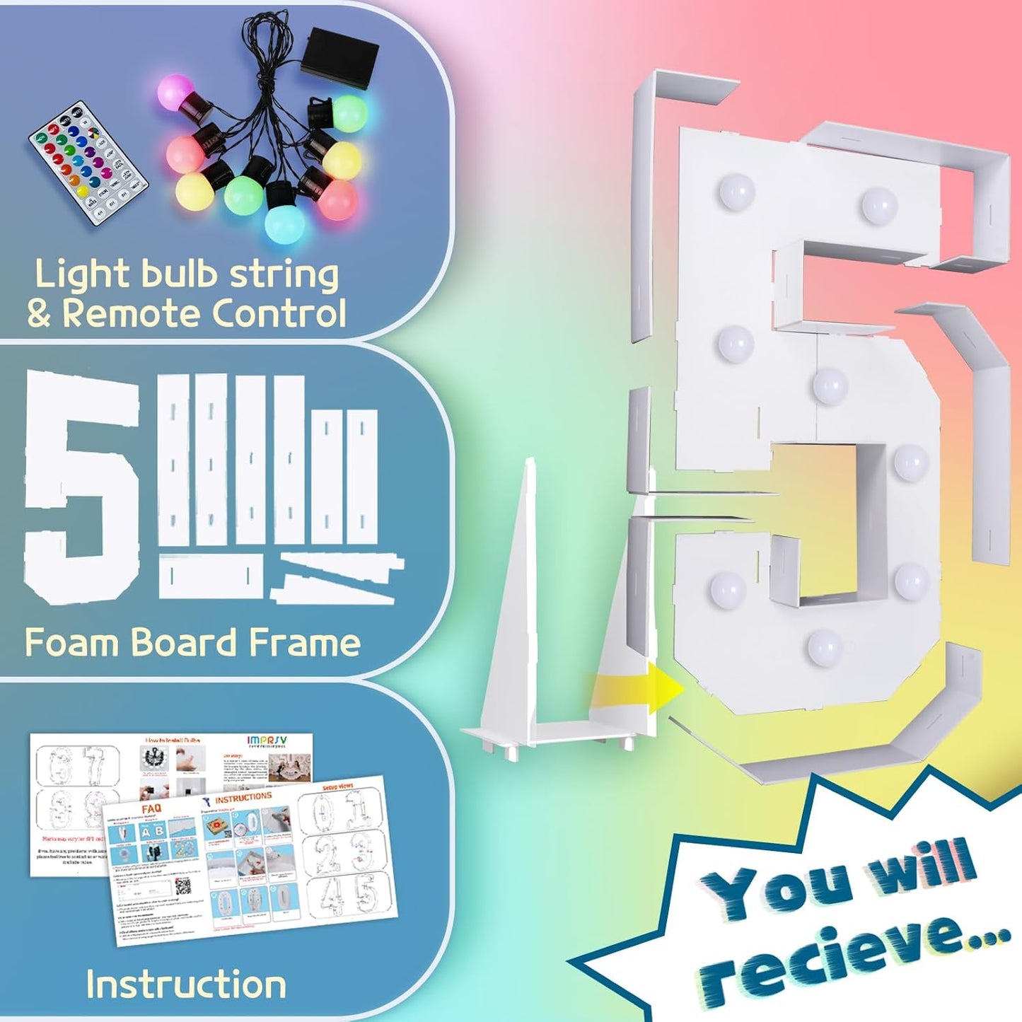 imprsv 3FT Colorful Marquee Numbers,18 Colors Number 5 with Remote, Light Up Numbers Sign for 1st Birthday Decorations Anniversary Party Decor, Pre-Cut Foam Board Kit, Mosaic Sign for Balloon