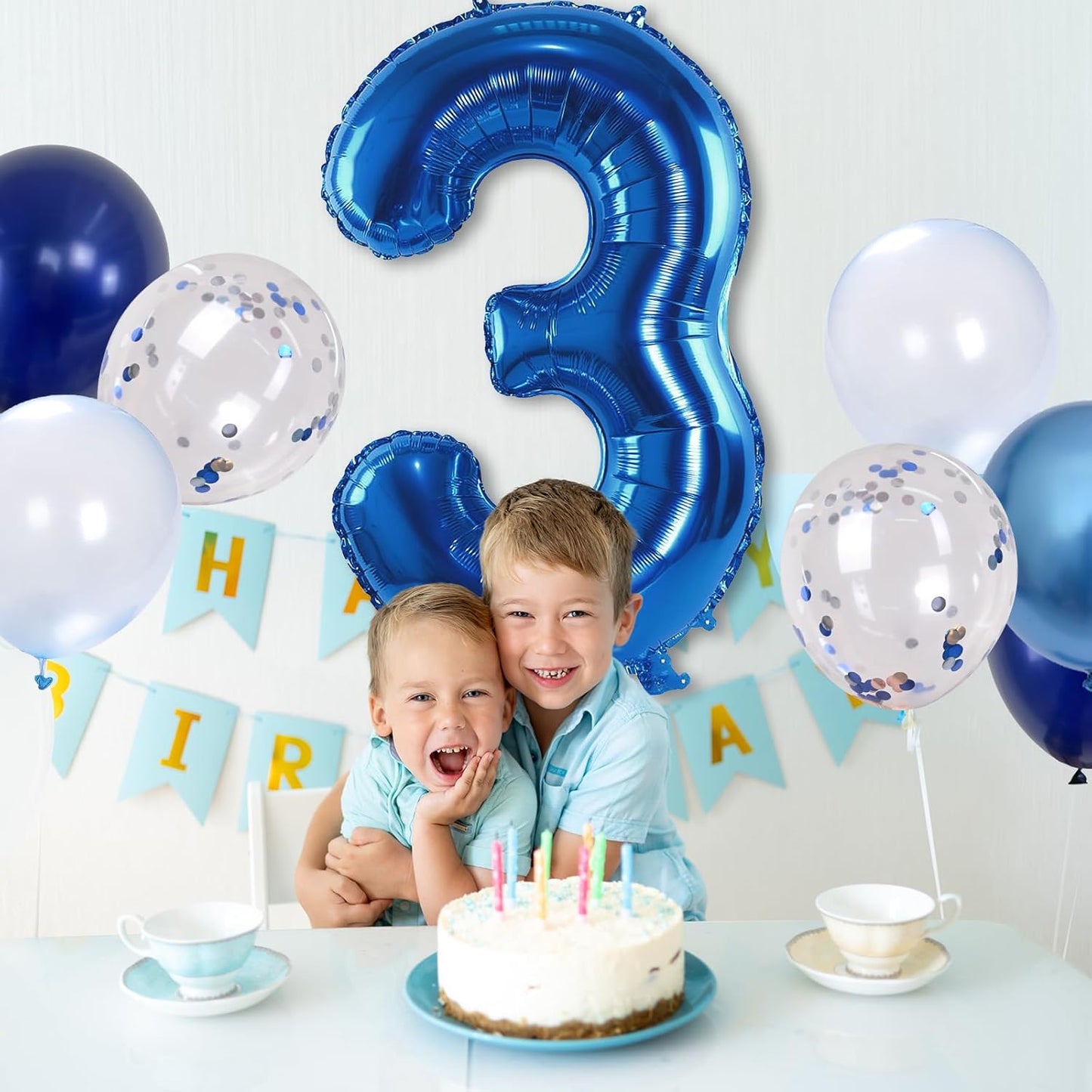 Navy Blue 3rd Birthday Balloon - Giant Self Inflating Number 3, Metallic Dark Blue Silver Confetti Helium Balloon, Foil 40 Inch Three for Boys 3 Year Old Birthday Party Anniversary Decor