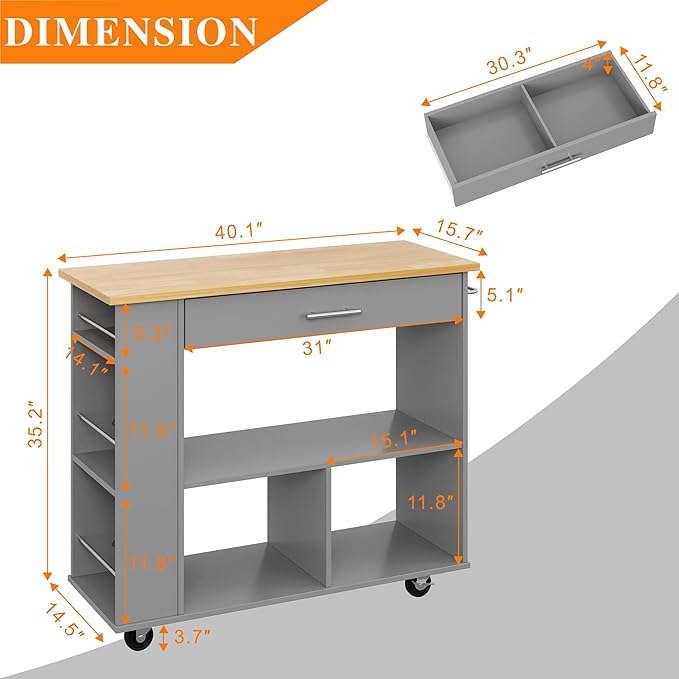 Shintenchi Kitchen Island on Wheels with Storage, Wheeled Island & Cart with 3-Tier Spice Rack, 3 Open Shelves and 1 Drawer, Gray