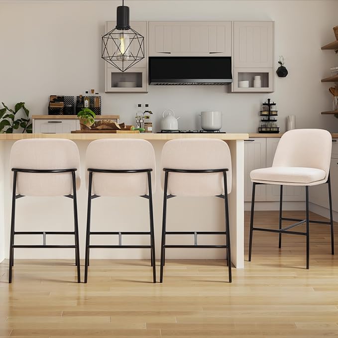 COLAMY Counter Height Bar Stools Set of 4, 25 Inch Modern Fabric Kitchen Island Stools with Back, Upholstered Counter Barstools Armless Bar Chairs with Metal Legs for Island Dining Room Bar, Beige