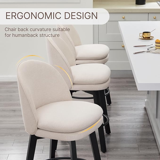 Counter Height Barstools 26 inch Upholstered Swivel Bar Stools with Back and Wood Legs for Kitchen Island,Set of 4,Beige Fabric-Armless