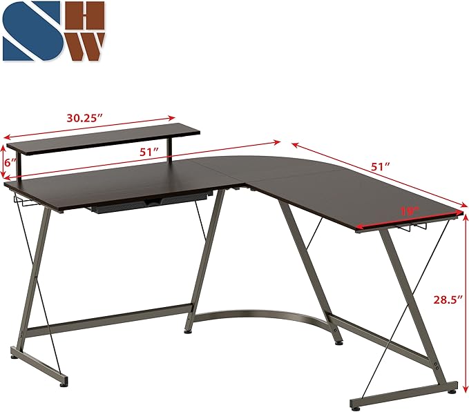 SHW 51 x 51 Inches Vista L-Shaped Desk with Monitor Stand and Drawer, Espresso