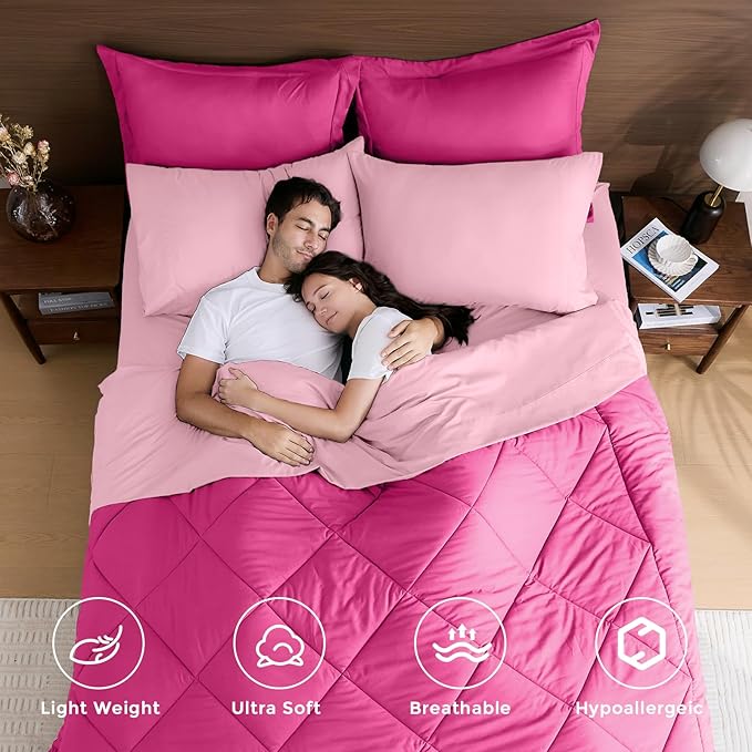 HEVUMYI Hot Pink & Baby Pink Queen Comforter Set - 7-Piece All Season Bed in a Bag Queen, Ultra Soft Bedding Set with Comforter, Flat Sheet, Fitted Sheet, Pillowcases, Pillow Shams