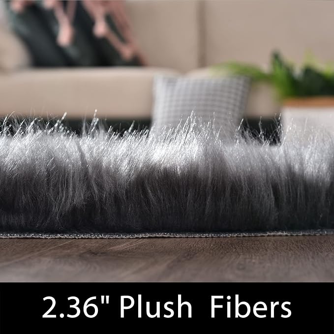 Latepis Living Room Rugs 6x9 Faux Sheepskin Fur Dark Grey Rug - Image 3
