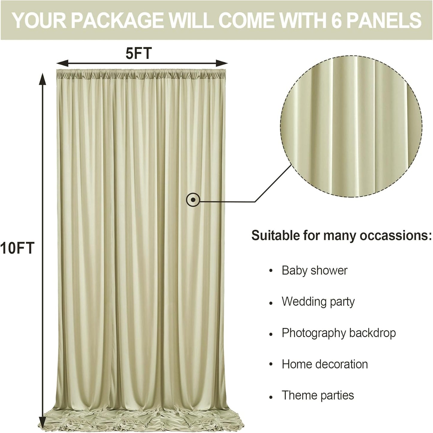 30 ft x 10 ft Wrinkle Free Sage Green Backdrop Curtain for Parties, Thick Green Polyester Photo Backdrop Drapes for Baby Shower Wedding Engagement Birthday Party Backdrop Stand,5ft x 10ft 6 Panels