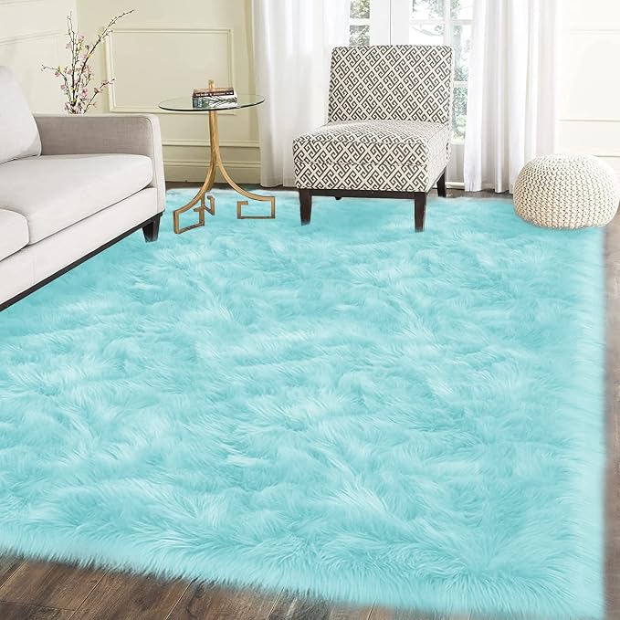 Latepis Light Blue Rugs for Living Room 6x8 Faux Sheepskin Fur Rug Washable by Latepis