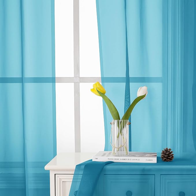 Lecloud Turquoise Sheer Curtains 54 Inch Length 2 Panels, Light Filtering Voile - Image 8