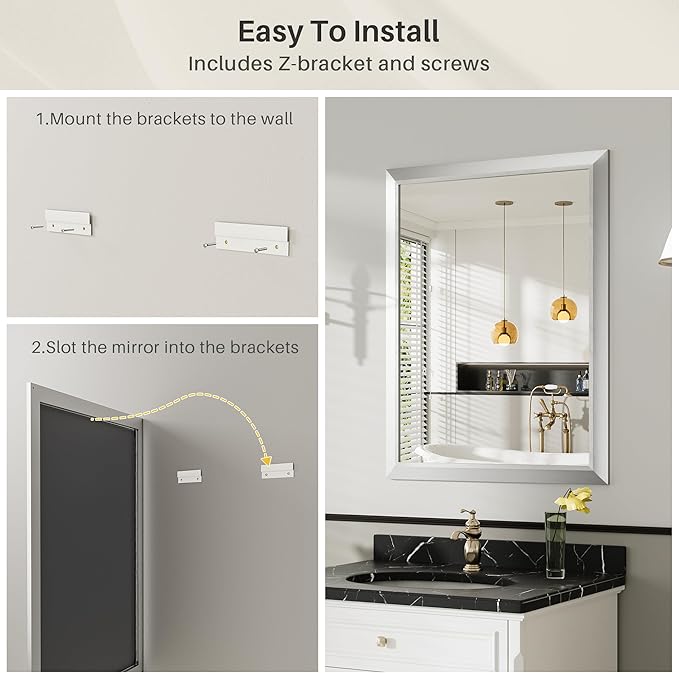 36x30 Inch Silver Bathroom Mirror for Wall, Thick Metal Framed Rectangle Mirrors for Over Sink, Bedroom, Living Room, Entryway, Anti-Rust, HD Tempered Glass