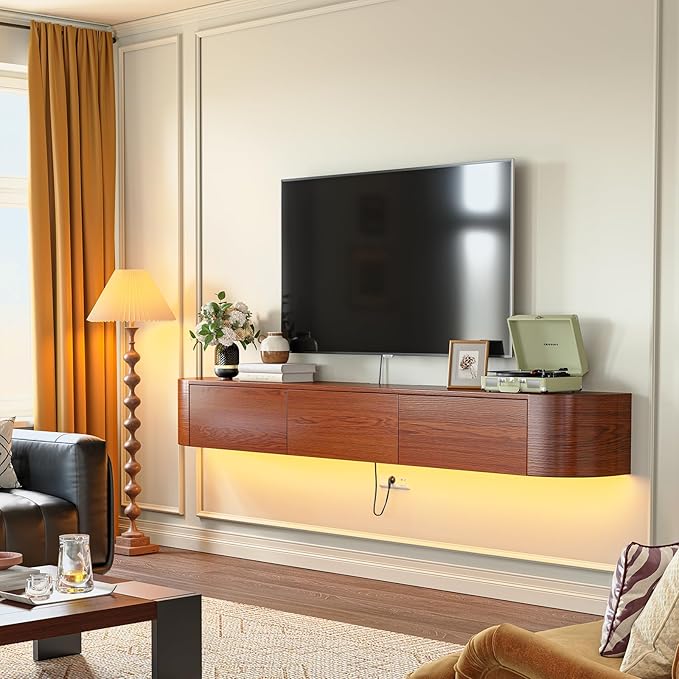 Fully Assembled Floating TV Stand with Drawers, 94IN Vintage Wall Mounted Entertainment Center, Minimalist Large Storage Console Under TV, Solid Wood Media Shelf for Living Room, Bedroom