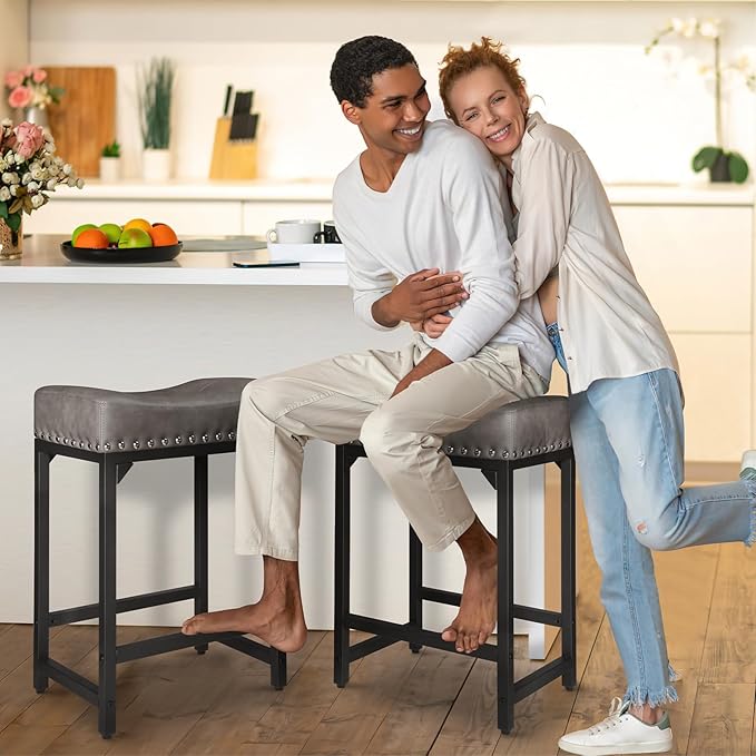 Counter Height Bar Stools Set of 3, Stools for Kitchen Island Set of 3, 24 Inch Counter Stool Saddle Backless Barstools for Kitchen Counter -Grey