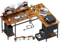 59 inch L Shaped Computer Desk with Power Outlets, Home Office Desk with 4 Adjustable Storage Drawers & 2 Monitor Stands, Two Person Gaming Table for Bedroom, Rustic Brown