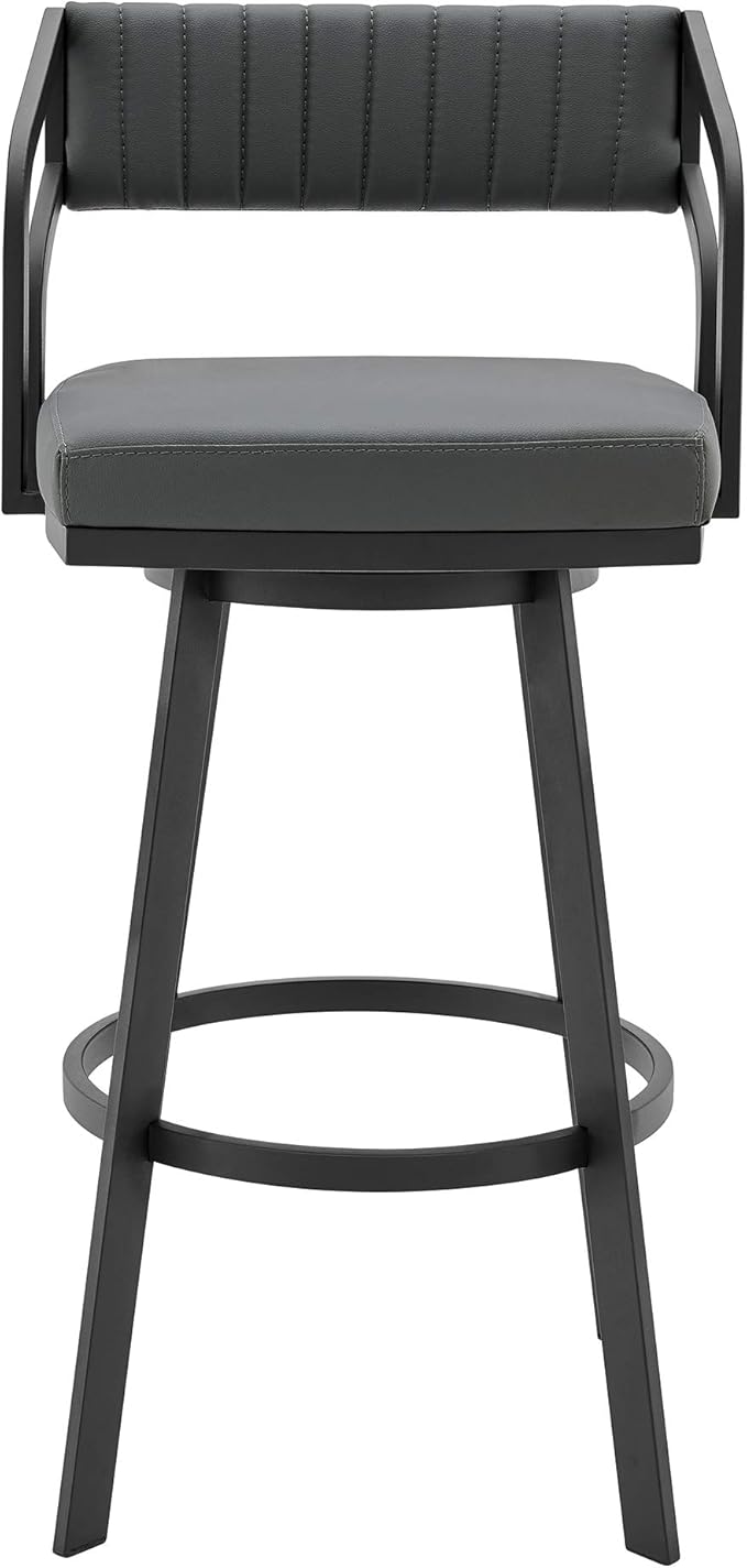Armen Living Capri Modern 26" Seat Height Gray Faux Leather and Black Stainless Steel Metal Swivel Bar Stool for Kitchen Island Counter
