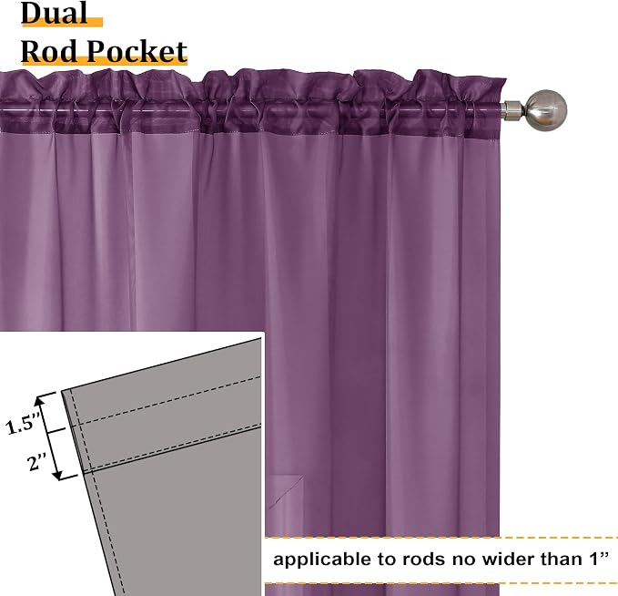 Aiyufeng Plum Purple Sheer Curtains 90 Inches Long 2 Panels, Solid Voile Top - Image 4