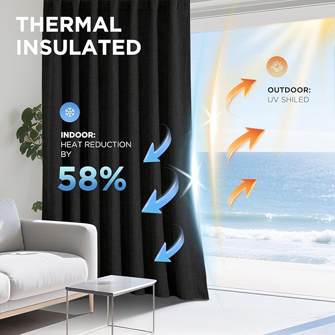 Joydeco 100% Blackout Curtains for Bedroom - Natural Linen Curtains 66"W x 96"L Long, Thermal Insulated 2 Panels Black Light Blocking Drapes, Rod Pocket & Back Tabs, Darkening Privacy for Living Room