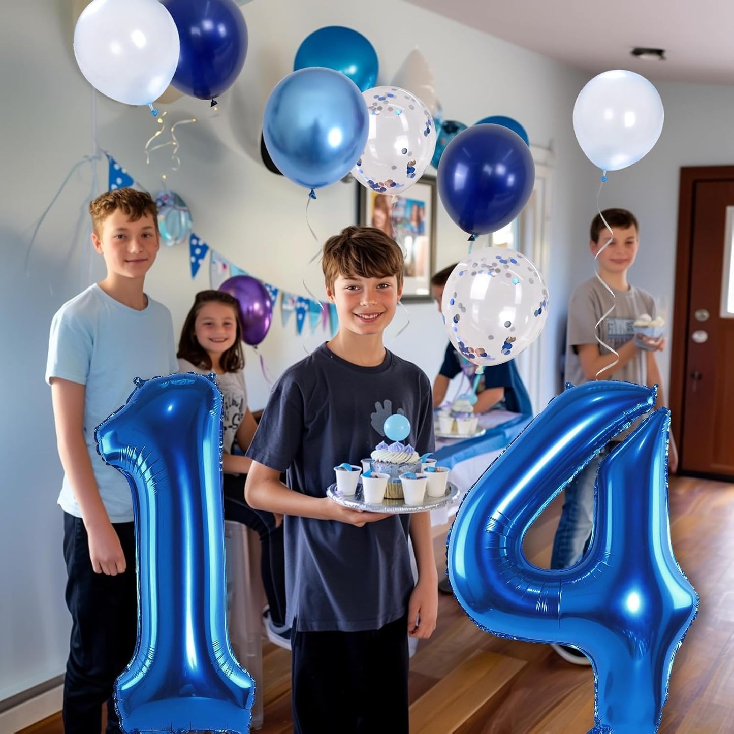 Large Foil Number 14 Balloons, Big Light Navy Blue 14 Helium Balloon with Metallic Silver Confetti Balloon for Boy 14th Birthday Party Decor, Mylar Self Inflating 14 Balloon for Graduation Decorations