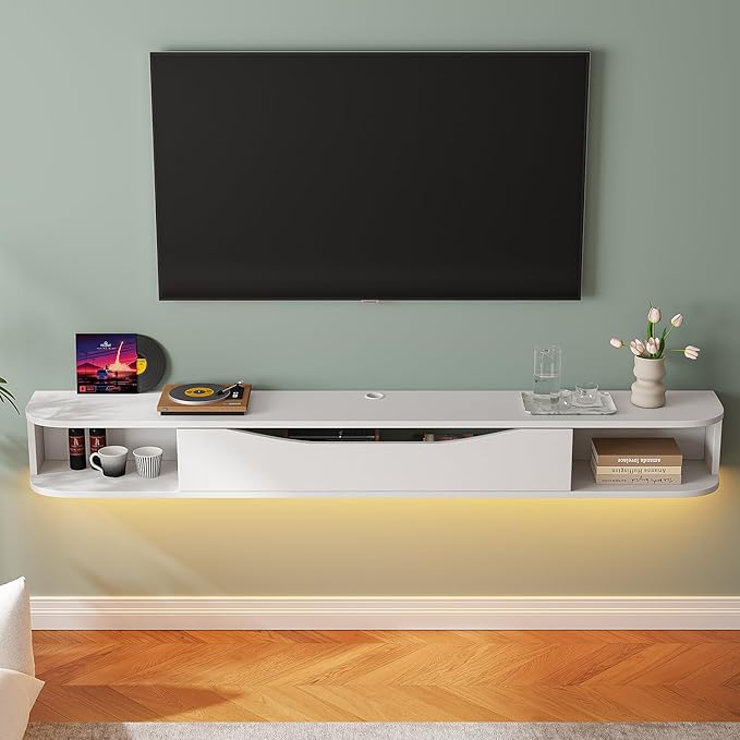 Floating TV Stand,78'' Wall Mounted TV Cabinet,Floating TV Console,Under TV Shelf with 1 Door and 2 Cabinets for TVs up to 78''(White)