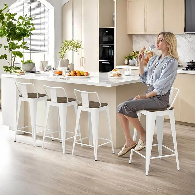 26 Inch Swivel Bar Stools Set of 4, Counter Height Bar Stools with Low Back, Metal Industrial Bar Chairs for Kitchen Island (White)