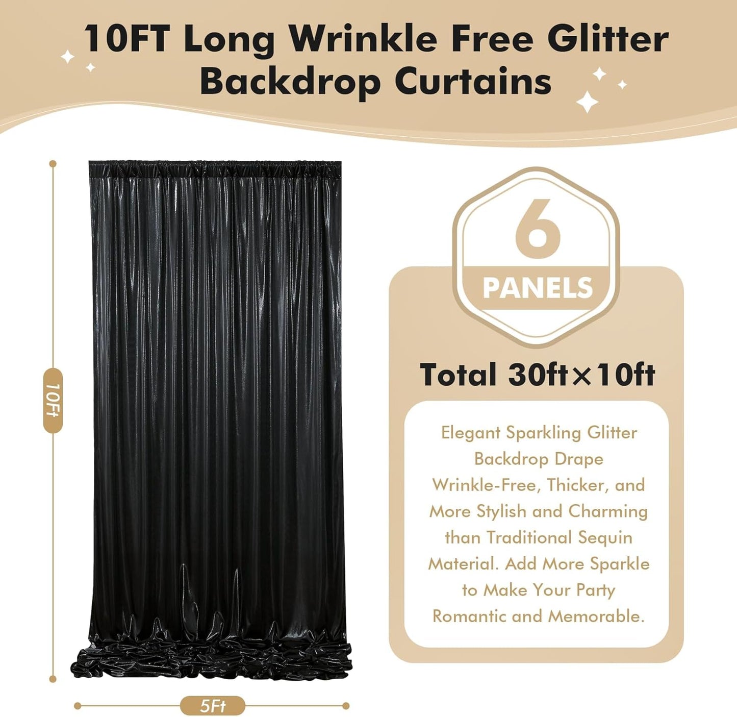 30ftx10 ft Black Glitter Sequin Backdrop Curtain for Parties, Wrinkle Free Sparking Backdrop Drapes, 6 Panels 5x10ft Shimmer Photo Back Drop Cloth for Wedding Birthday Photography Background
