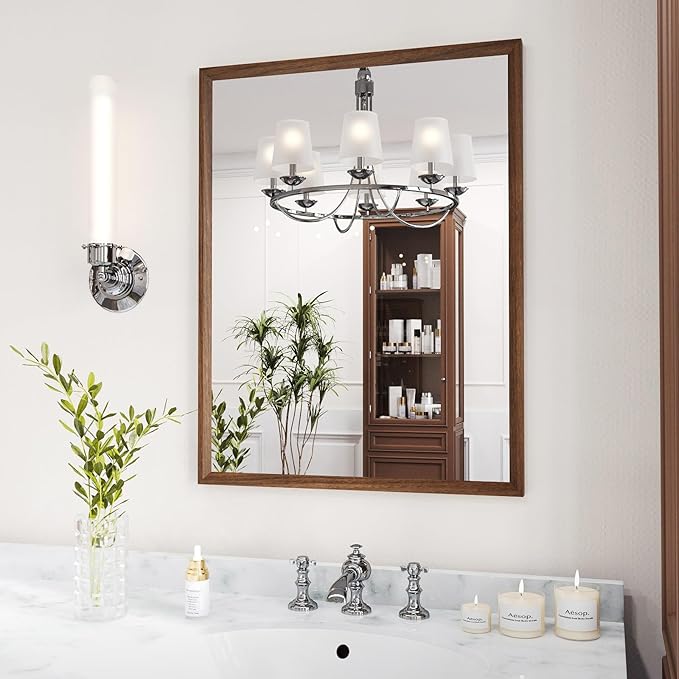 WEER Walnut Bathroom Mirror, Walnut Framed Mirror 22X30 Inch, Rectangle Wall Mounted Bathroom Vanity Mirror with Tempered Glass, Hangs Vertically or Horizontally, Anti-Rust