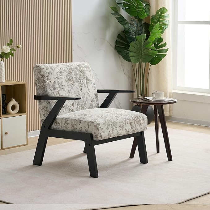 GDFStudio Aogex Accent Chair, Upholstered Club Chair, Printed Design Armchair, Wooden Frame Single Sofa, Back Support Seating, Comfort Reading Lounge, Reading Single Sofa for Living Room, Beige+Gray
