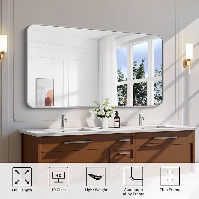 FORBATH 30x55 Inch Silver Bathroom Mirror for Over Sink, Large Rectangular Wall Mirror with Metal Frame, Rounded Corners for Bathroom, Bedroom, Entryway Decor (Horizontal or Vertical)