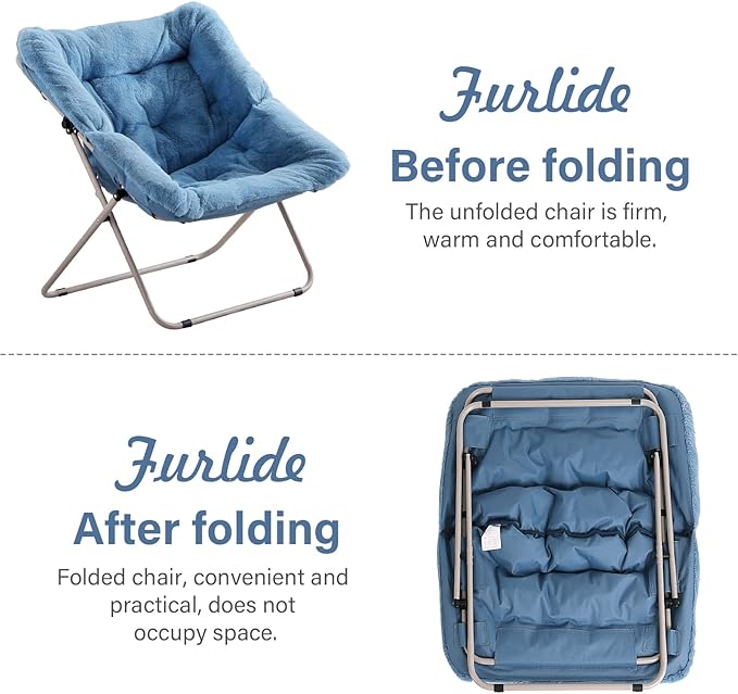 Saucer Chair With Ottoman - Oversized Folding Faux Fur, X-Large Soft Dorm, Foldable Metal Frame for Bedroom, Living Room, Study, Playroom (Blue)