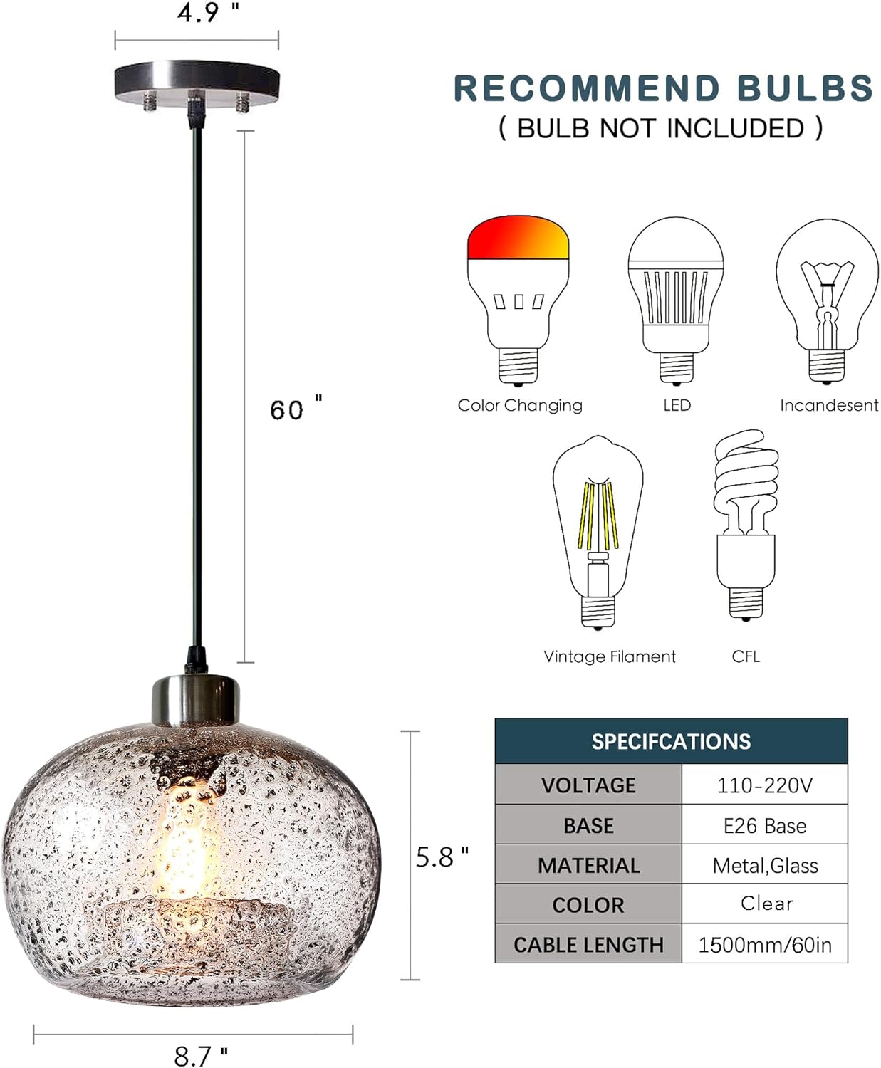 CASAMOTION Pendant Lights Kitchen Island,Clear Seeded Glass with Black Sand Powder,Modern Farmhouse Ceiling Hanging Lighting Fixtures,Dining Room Table Bedroom Oval Globe 8.7 Inch Diam 2 Pack