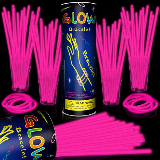 200 Pack 8'' Glow Sticks Bulk Party Favors Pink Light Up Sticks with Connectors Neon Glow in the Dark Party Supplies Bracelets for Holiday Birthday Party Decoration(Pink)