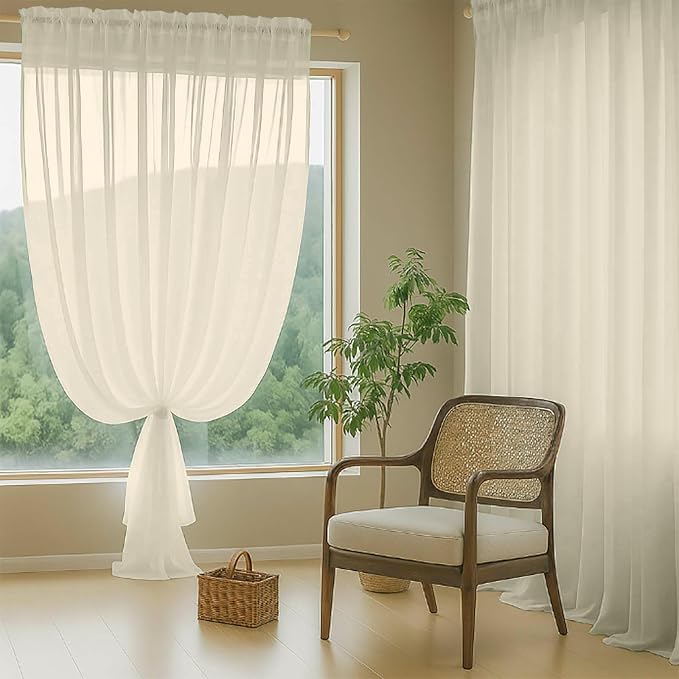 Cream Sheer Curtains 63 Inch Length 2 Panels, Voile Sheer Curtain - Image 8