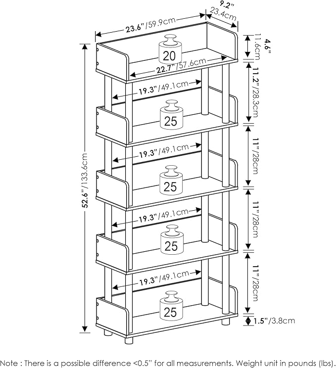 Furinno Turn-N-Tube 5-Tier Multipurposes Display Rack, Open Shelf Rack/Storage with Back & Side Panel, Amber Pine/Black