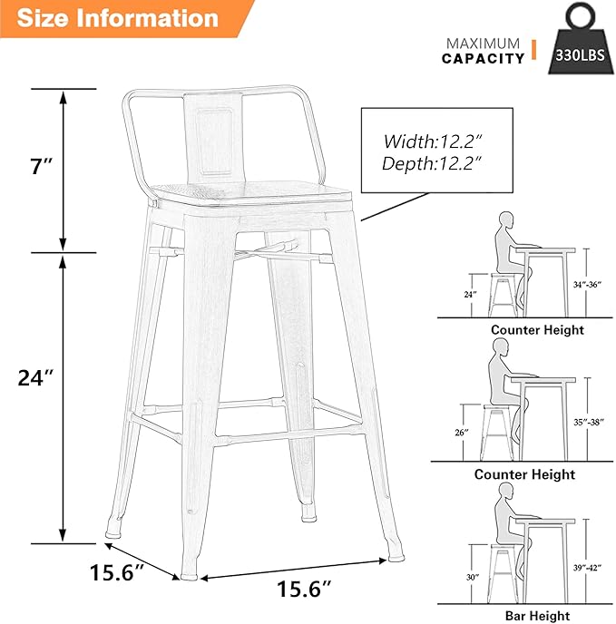 Yongchuang 24 inch Bar Stools Set of 4 Metal Counter Height Bar Stools with Wood Seat Kitchen Low Back Barstools Gunmetal