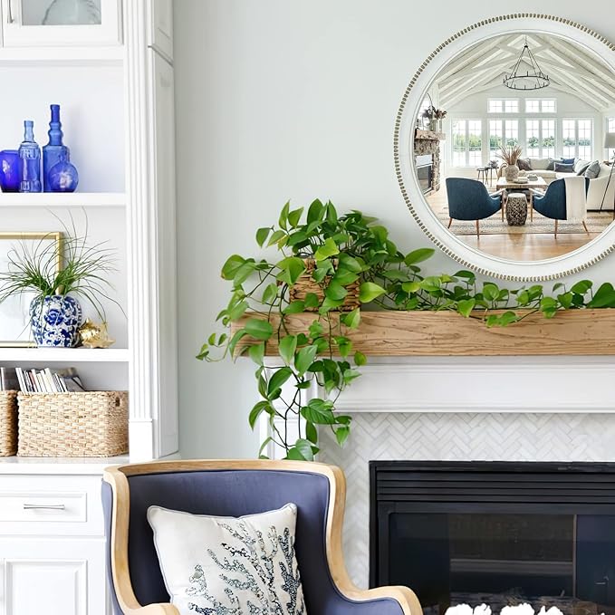 sawsile Wood Circle Mirror,Rustic Farmhouse Wall Mirror 32 inch Round Morden Decoration Wood Large Mirror White Accent Mirror for Bedroom,Living Room