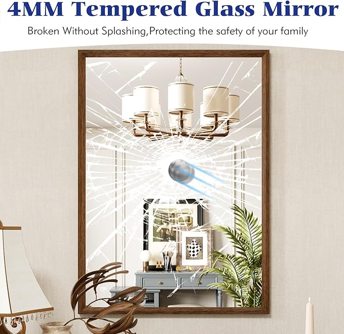 Rectangle Walnut Bathroom Mirror 55x30 Inch, Anti-Rust 4MM Tempered Glass, Modern Vanity Mirror for Bathroom, Horizontal or Vertical Wall Mount