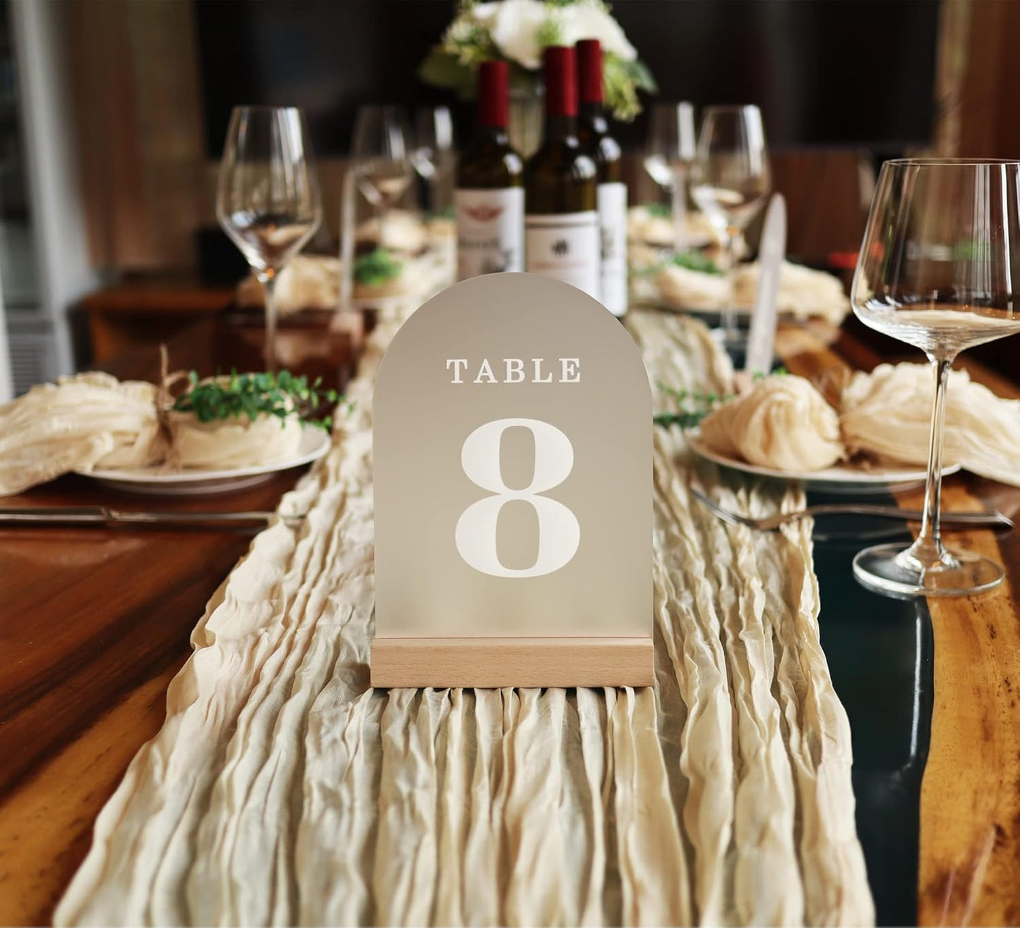 Wedding Table Numbers 1-10, Acrylic Arch Signs with Natural Wood Stands Holders, Rustic Table Decor for Reception & Parties (Frosted White)