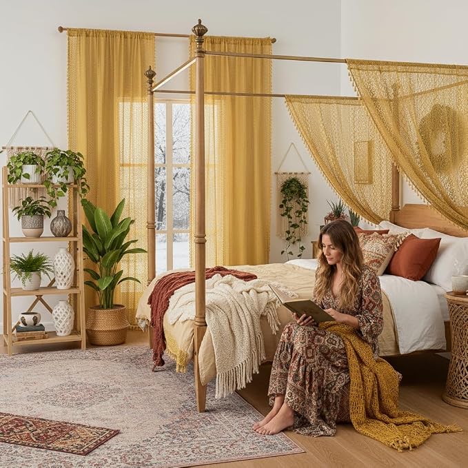 WAZZIO Boho Lace Curtains 84 Inches 2 Panel, Light Filtering Privacy Tassel & - Image 6