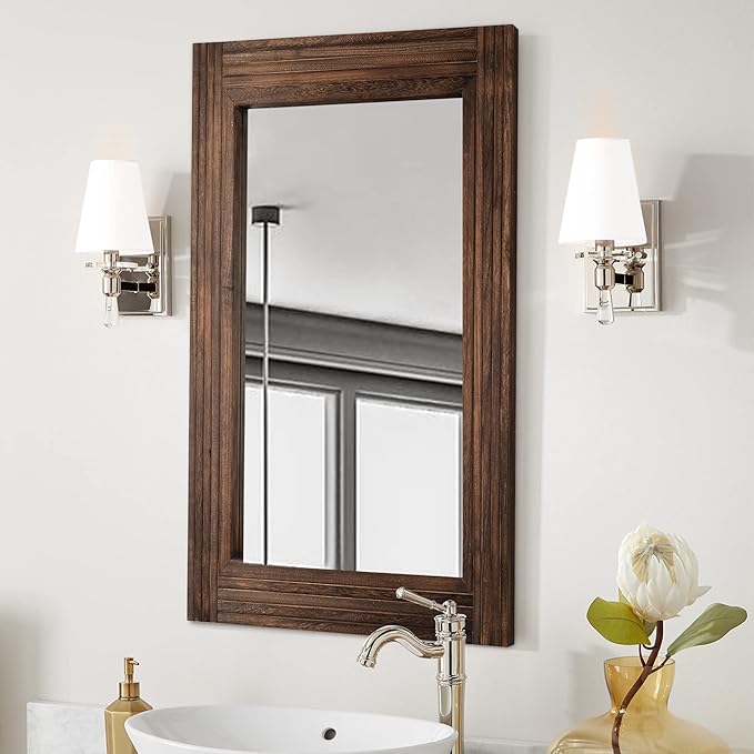 YOSHOOT Hand-Made Wooden Spliced Wall Mirror for Bathroom, Rustic Farmhouse Vanity Mirror, Décor Wall Art, Solid Wood Frame, Vertical or Horizontal Hanging