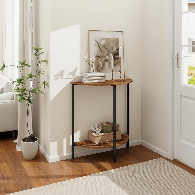 Homode Half Moon Table, Small Entryway Table, Half Round Entry Table, Narrow Half Circle Console Tables for Small Spaces, Hallway, Wood Front Entrance Tables, Rustic Brown and Black