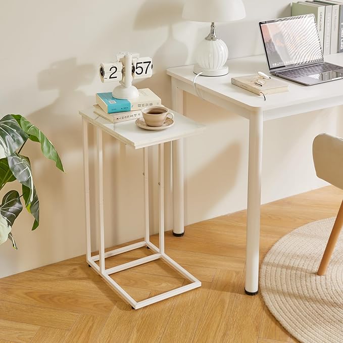 C Shaped End Table, Small Side Table for Sofa and Bed, White Bedside Table, Laptop Desk for Couch 16x12x25 inch Faux Marble+White YD-TM051W