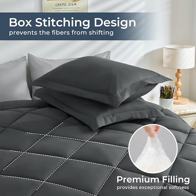 HEVUMYI Twin Comforter Set - 5-Piece All Season Bed in a Bag Twin, Ultra Soft Bedding Set with Comforter, Flat Sheet, Fitted Sheet, Pillowcases, Pillow Shams, Dark Grey & Light Grey