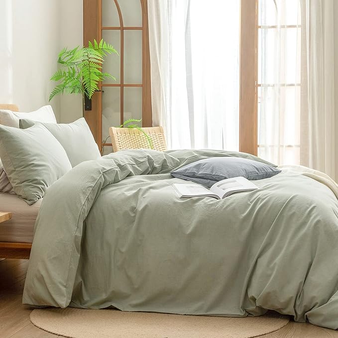 BESTOUCH Duvet Cover Set 100% Washed Cotton Linen Feel Super Soft Comfortable Chic Lightweight 3 PCs Home Bedding Set Solid Sage Green Super Queen
