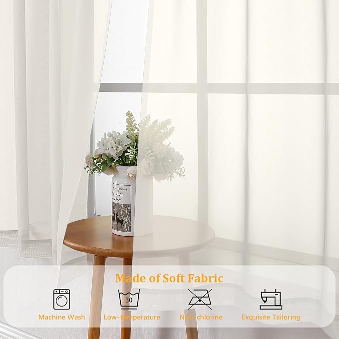 Gwine Ivory Sheer Curtains 48 Inches Long 2 Panels Set, Light Filtering Sheer - Image 6