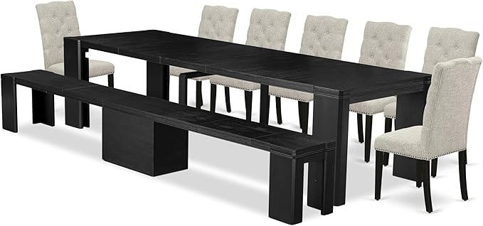 X07EL-B06-35 - 9-piece Dining Room Table Set a Rectangular Kitchen Table with a wooden Bench and 7 Doeskin Linen Fabric Dining Chair, 39x120 Inch, Wire Brushed Black