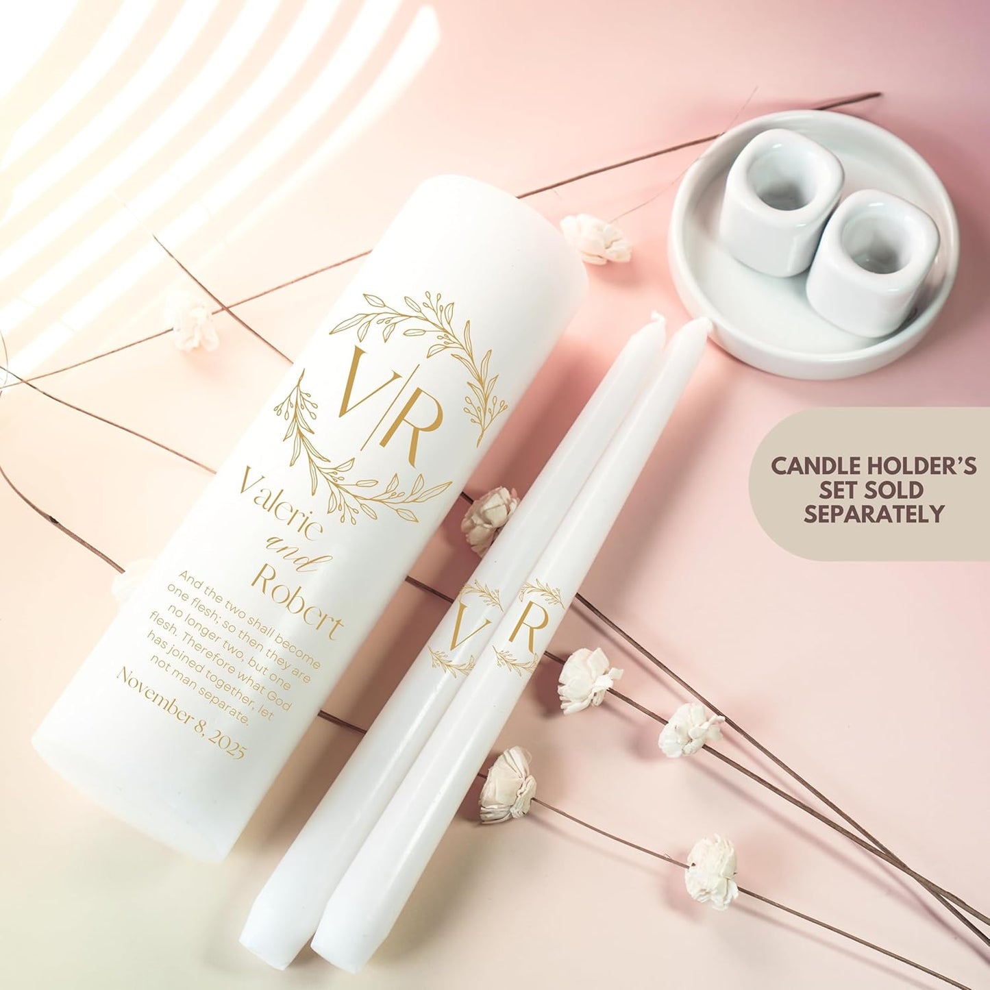 Unity Candles for Wedding, Modern Unity Set, Custom and Personalized Pillar and Taper Candles with Bible Quote, Unscented White Premium Wax, Religious and Wedding Ceremony, Special Events (Goldie)