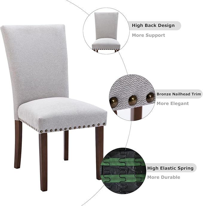 COLAMY Upholstered Parsons Dining Chairs Set of 2, Fabric Dining Room Kitchen Side Chair with Nailhead Trim and Wood Legs - Light Grey