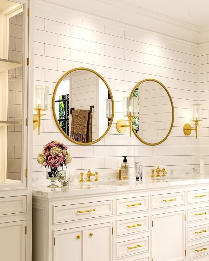 Growsun 15.7'' Retro Gold Round Mirror Circle Wall Mirror for Bathroom Vanity, Entryway Living Room with Metal Frame for Home Decor