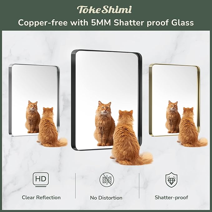 TokeShimi 32x36 Inch Gold Bathroom Mirror for Wall Metal Rounded Corner Rectangle Mirror Metal Frame Deep Set Design Hangs Horizontal Or Vertical