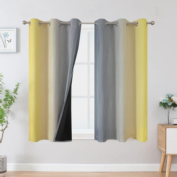 Ombre Gray and Yellow Blackout Curtains 45 Inch Length 2 panels, Full Room by ESTELARTEXTILER