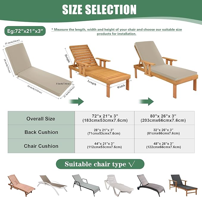 Chaise Lounge Cushions Outdoor Set of 2 - Waterproof and Fade Resistant Sun Lounger Replacement Cushion - Patio Lounger Pads with Removable Cover for Pool, Deck, Lawn, 80 x 26 x 3 Inch, Cream